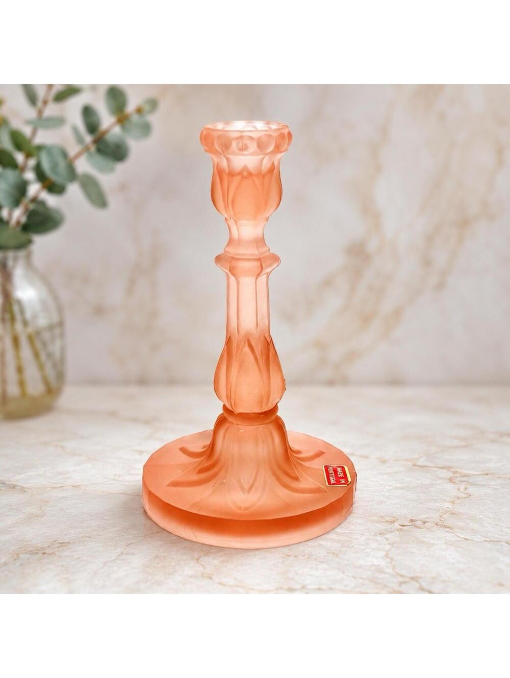 Vintage‎ Frosted Pink Glass Candlestick Holder Portugal Art Deco Style 7”